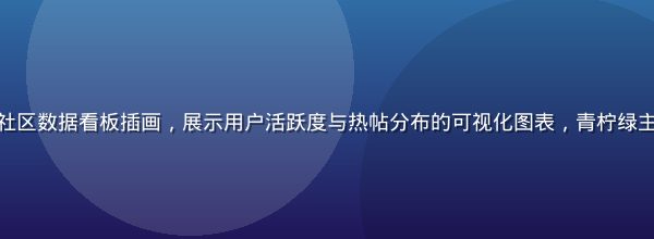 爱情岛论坛首页社区数据看板插画，展示用户活跃度与热帖分布的可视化图表，青柠绿主题色调活力动感